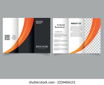 Orange black trifold brochure with text. Flyer for printing. Vector template.
