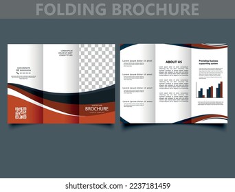 Orange black trifold brochure with waves. Vector template