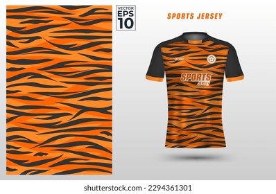 Orange black t-shirt sport design template with abstract tiger skin pattern for soccer jersey. Sport uniform in front view. Shirt mock up for sport club. Vector Illustration	