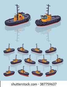 Orange and black tugboat. 3D lowpoly isometric vector illustration. The set of objects isolated against the light-blue background and shown from different sides