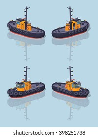 Orange and black tugboat. 3D lowpoly isometric vector illustration. The set of objects isolated against the light-blue background and shown from different sides