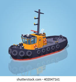 Orange and black tugboat against the blue background. 3D lowpoly isometric vector illustration