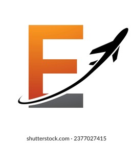 Orange and Black Uppercase Letter E Icon with an Airplane on a White Background