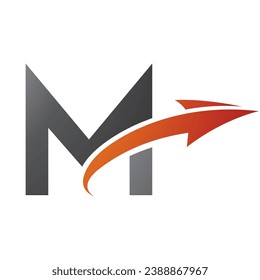 Orange and Black Uppercase Letter M Icon with an Arrow on a White Background