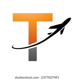 Orange and Black Uppercase Letter T Icon with an Airplane on a White Background