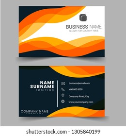 Orange, black wavy wave swoosh creative business card and name card, horizontal simple clean template vector design, layout in rectangle size. Flat Design Vector Illustration. Stationery Design.