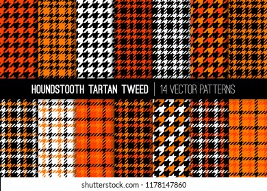 Orange, Black and White Houndstooth Tartan Tweed Vector Patterns. Halloween Backgrounds. High Fashion Textile Prints. Set of Dogs-tooth Check Fabric Textures. Pattern Tile Swatches Included