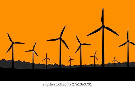 Orange and black wind turbine silhouettes at sunset representing clean renewable energy.