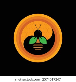 Orange and black yinyang logo featuring a bee at the center with textured design.
