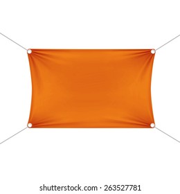 Orange Blank Empty Horizontal Rectangular Banner with Corners Ropes. Textile, Fabric or Nylon with Folds. Vector Illustration Isolated on Background. Ready Template for Your Logo, Text and Design