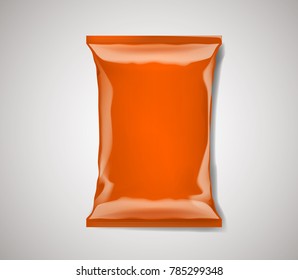 Orange blank foil plastic bag packaging isolated. Mock-up design template for branding for chips, snack, cookies, peanuts.