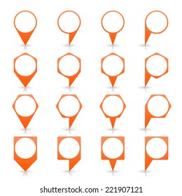 Orange blank map pin sign location icon with circular copy space and gray shadow, reflection on white background  in simple flat style. Web design element save in vector illustration 8 eps