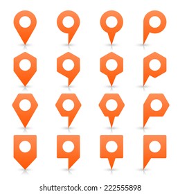 Orange blank map pin sign location icon with white empty space and gray shadow, reflection on white background in simple flat style. Web design element in vector illustration 8 eps