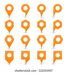 Orange blank map pin sign location icon with white empty space and gray shadow, reflection on white background in simple flat style. Web design element in vector illustration 8 eps