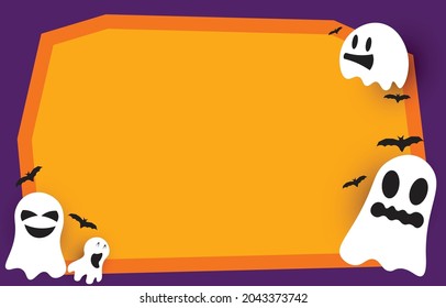 Orange blank paper background with scary and fun ghost and bats, with copy space for Halloween design, vector illustration.