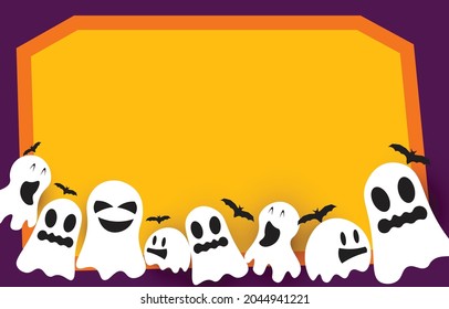 Orange blank paper background with scary and fun ghost and bats, with copy space for Halloween design, vector illustration.