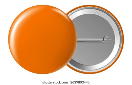 Orange blank pin button displaying both front and back sides, serving as an ideal design element for diverse promotional materials and marketing campaigns. Perfect for branding and communication