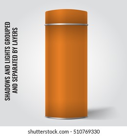 Orange Blank Tin can packaging mockup. Tea, coffee, dry products, gift box. Place your design over the box.