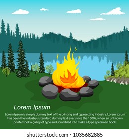 Orange blazing campfire by beautiful lake in evening with copyspace for text