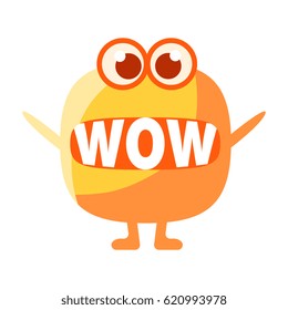 Orange Blob Saying Wow, Cute Emoji Character With Word In The Mouth Instead Of Teeth, Emoticon Message