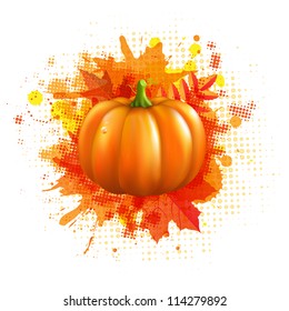 Orange With Blobs Autumn Leafs And Pumpkin, Vector Illustration