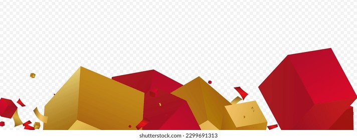 Orange Block Falling Geometric Vector Panoramic Transparent Background. Yellow Confetti Flying Abstract Illustration. Gold and Red Cube Isometric Design. Art Box Gift Banner.