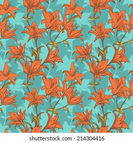 Orange blooming lilies seamless pattern