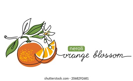 Orange Blossom, Neroli Vector Illustration. One Continuous Line Art Drawing Of Citrus Flowers With Lettering Orange Blossom.