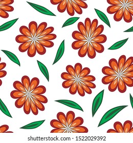 Orange blossoms and green leaves on a white background. Vector seamless pattern. Bright design for fabric, card, print, wrapping.  