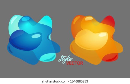 Orange and Blue 3D Lliquid fluid abstract elements. Vector blur free forms color gradient. Volumetric organic colorful shapes on black.