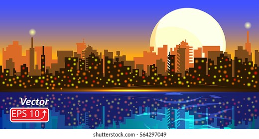 Orange blue abstract background with silhouette of city Tel Aviv, town, illumination sea yellow moon sun vector illustration