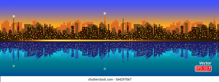 Orange blue abstract background with silhouette of city Tel Aviv, town, illumination, green sea  vector illustration