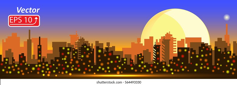 Orange blue abstract background with silhouette of city Tel Aviv, town, illumination sea yellow moon sun vector illustration