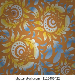 Orange and blue abstract floral ornament, vector seamless pattern of abstract decorative elements.