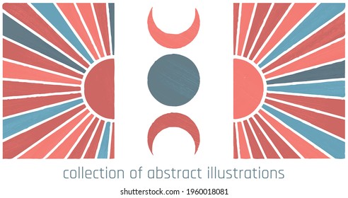orange and blue abstract illustrations of moon and sun with rough textures