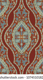 Orange and blue abstract pattern. Oriental filigree ornament. Colorful template for textile, shawl, carpet. 