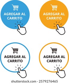 Orange and blue agregar al carrito round button with a hand clicking on a white background (trad. add to cart) 