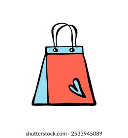 Orange and blue bag with heart. Bags for fashion ads, seasonal sales, and store promotions. Sketch illustration. Vector image.