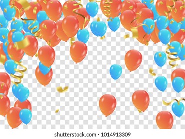 Orange and blue balloons and confetti  party banner with and serpentine , confetti concept design background. Celebration Vector illustration.