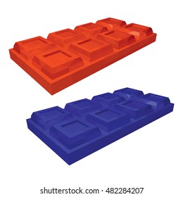 Orange and Blue Bars of Chocolates in Perspective. Orange and Blueberry Chocolates Isolated on White Background. Vector 3d Realistic Illustration.