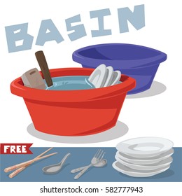 Orange and blue basin with dishes, kitchenware, spoon, fork and chopsticks.