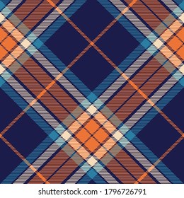 Orange, Blue and beige colors diagonal modern plaid Scottish seamless pattern.Texture from plaid,tablecloths, clothes, shirts, dresses, jacket, skirt, paper, blankets and other textile products. 