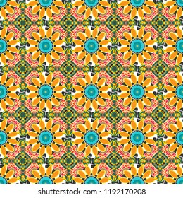 In orange, blue and beige colors. Vector illustration. Ethnic motif. Vintage mosaics.