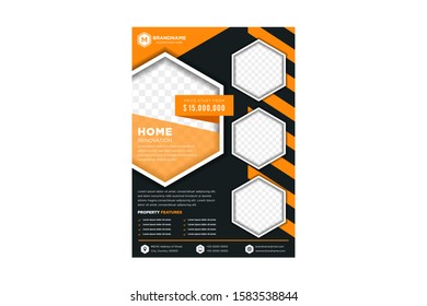 Orange and blue black brochure template flyer background and hexagon space for photo collage. diagonal paper element. space for text and message in A4 size , Vector illustration. 