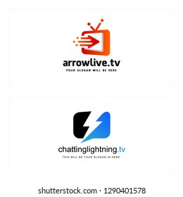 Orange blue black line art arrow flash television badge logo design suitable for channel tv station entertainment arts industrial business technology