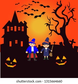 Orange blue black red bat sky tree castle funeral horror witch pumpkins face house illustration template suitable for Halloween party celebration mystery night decoration monster ghost invitation