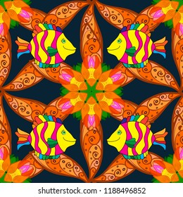 Orange, blue and brown. Decorative seamless pattern with tropical fish stylized texture of embroidery. Vector pattern for printing on fabric.