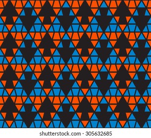 Orange and blue color up down arrow symbol on black color background seamless pattern vector. Repeating geometric shapes with triangle