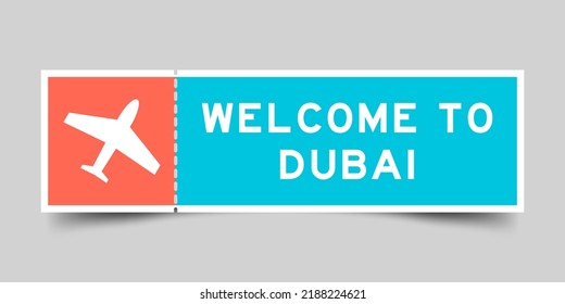 Orangefarbene und blaue Farbkarte mit Flugzeugsymbol und willkommenes Wort auf grauem Hintergrund zum Dubai auf grauem Hintergrund