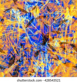 Orange and blue. Contrast. Grunge pattern. Acute-angled elements. Spots, scratches, stylized petals and leaves, lines, stripes, streaks. Mixed random.